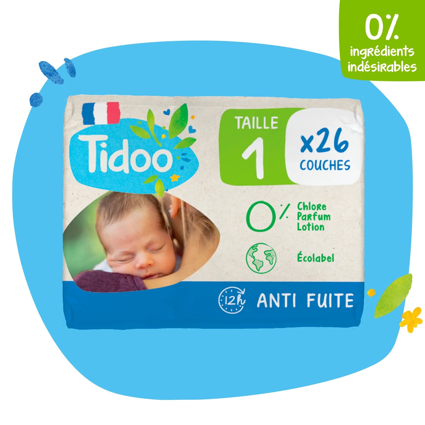 Couche jetable night & day - T1 -2 à 5 kgs - 26 couches - Mini Pack- Tidoo